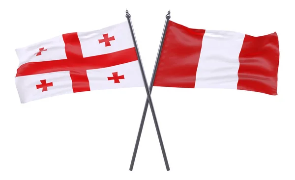 格鲁吉亚和秘鲁两个交叉的旗帜在白色背景下被隔离 — 图库照片