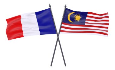 Fransa ve Malezya, iki beyaz arka plan üzerinde izole bayrakları geçti. 3D görüntü