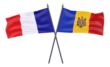 Fransa ve Moldova, iki beyaz arka plan üzerinde izole bayrakları geçti. 3D görüntü
