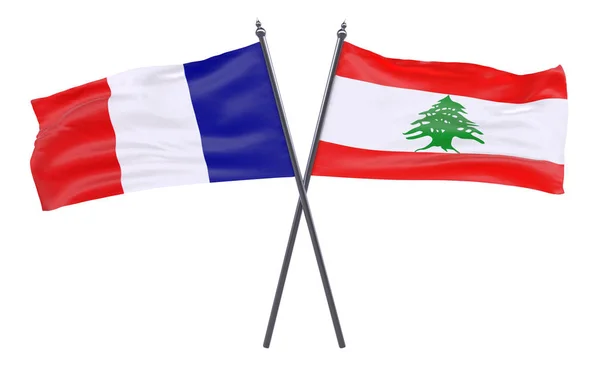 Francie Libanonu Dva Překřížené Příznaky Izolované Bílém Pozadí Obrázek — Stock fotografie