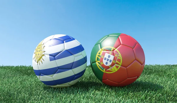 Two Soccer Balls Flags Colours Green Grass Uruguay Portugal Image — Stock Photo, Image