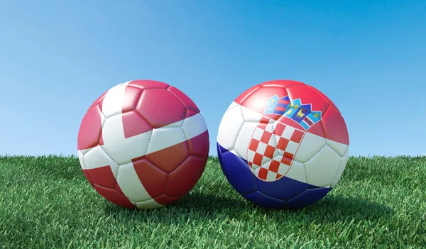 Deux Ballons Football Aux Couleurs Drapeaux Sur Herbe Verte Croatie — Photo