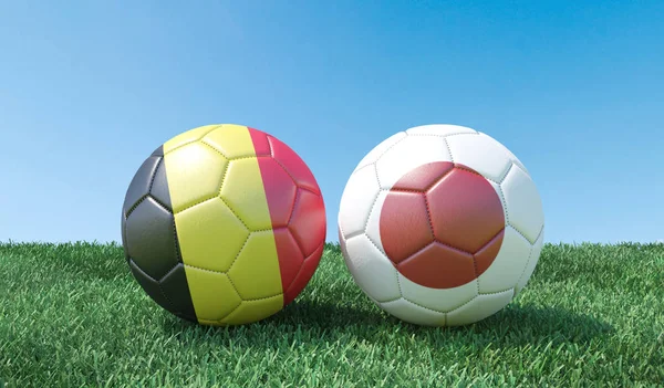 Deux Ballons Football Aux Couleurs Drapeaux Sur Herbe Verte Belgique — Photo