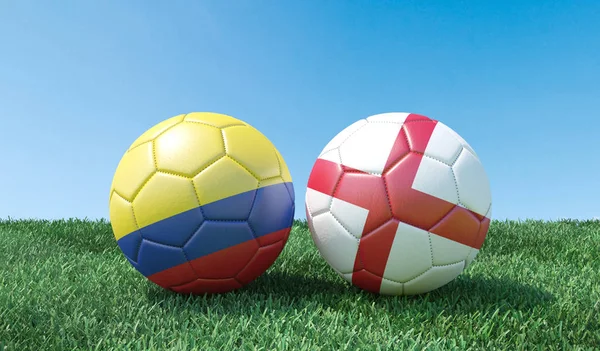 Deux Ballons Football Aux Couleurs Drapeaux Sur Herbe Verte Colombie — Photo