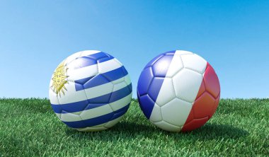 Bayraklar renkler yeşil çimenlerin üzerinde iki futbol topları. Uruguay ve Fransa. 3D görüntü