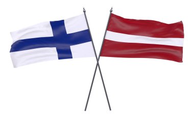 Finlandiya ve Letonya, iki beyaz arka plan üzerinde izole bayrakları geçti. 3D görüntü