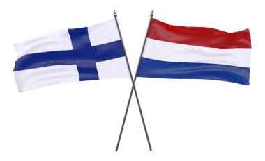 Finlandiya ve Neterlands, iki beyaz arka plan üzerinde izole bayrakları geçti. 3D görüntü
