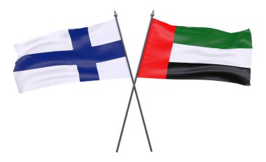 Finlandiya ve Birleşik Arap Emirlikleri, iki beyaz arka plan üzerinde izole bayrakları geçti. 3D görüntü