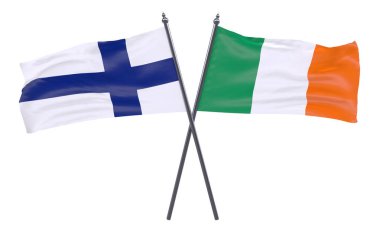 Finlandiya ve İrlanda, iki beyaz arka plan üzerinde izole bayrakları geçti. 3D görüntü