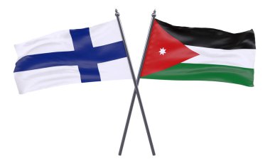 Finlandiya ve Jordan, iki beyaz arka plan üzerinde izole bayrakları geçti. 3D görüntü