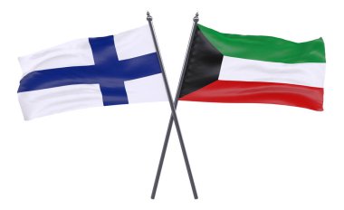 Finlandiya ve Kuveyt, iki beyaz arka plan üzerinde izole bayrakları geçti. 3D görüntü