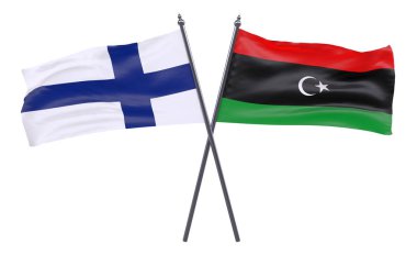 Finlandiya ve Libya, iki beyaz arka plan üzerinde izole bayrakları geçti. 3D görüntü