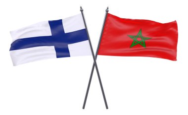 Finlandiya ve Fas, iki beyaz arka plan üzerinde izole bayrakları geçti. 3D görüntü