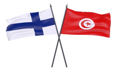 Finlandiya ve Tunus, iki beyaz arka plan üzerinde izole bayrakları geçti. 3D görüntü