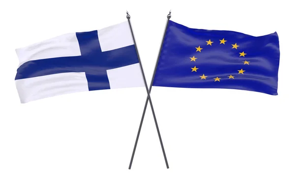 Finland Och Europeiska Unionen Två Korsade Flaggor Isolerad Vit Bakgrund — Stockfoto