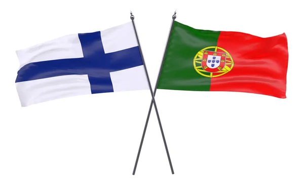 Portekiz Finlandiya Iki Beyaz Arka Plan Üzerinde Izole Bayrakları Geçti — Stok fotoğraf