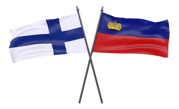 Finsko Lichtenštejnska Dva Překřížené Příznaky Izolované Bílém Pozadí Obrázek — Stock fotografie