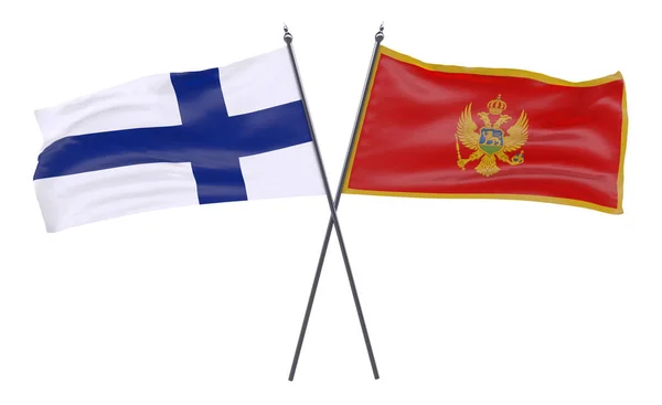 stock image Finland and Montenegro, two crossed flags isolated on white background. 3d image