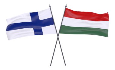 Finlandiya ve Macaristan, iki beyaz arka plan üzerinde izole bayrakları geçti. 3D görüntü