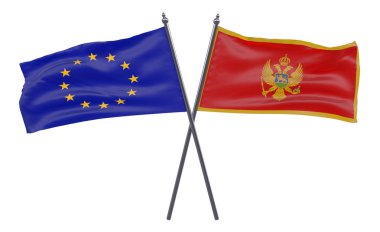 Avrupa Birliği ve Karadağ, iki beyaz arka plan üzerinde izole bayrakları geçti. 3D görüntü