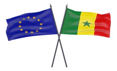 Avrupa Birliği ve Senegal, iki beyaz arka plan üzerinde izole bayrakları geçti. 3D görüntü