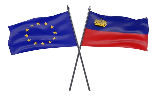 Europeiska Unionen Och Liechtenstein Två Korsade Flaggor Isolerad Vit Bakgrund — Stockfoto