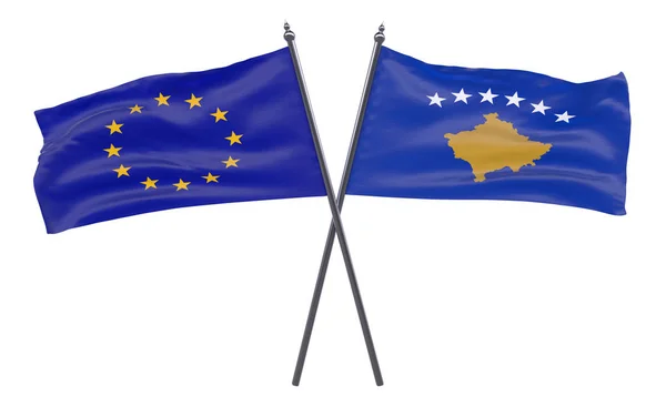 União Europeia Kosovo Duas Bandeiras Cruzadas Isoladas Sobre Fundo Branco — Fotografia de Stock