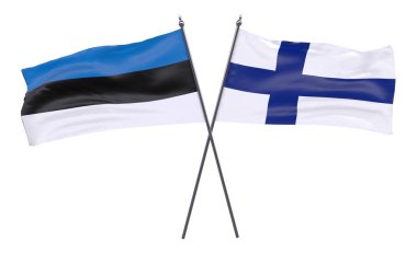 Estonya ve Finlandiya, iki beyaz arka plan üzerinde izole bayrakları geçti. 3D görüntü