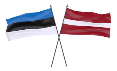 Estonya ve Letonya, iki beyaz arka plan üzerinde izole bayrakları geçti. 3D görüntü