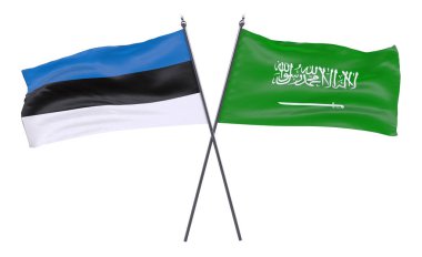 Estonya ve Suudi Arabistan, iki beyaz arka plan üzerinde izole bayrakları geçti. 3D görüntü