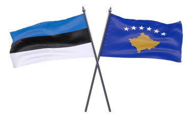 Estonya ve Kosova, iki beyaz arka plan üzerinde izole bayrakları geçti. 3D görüntü