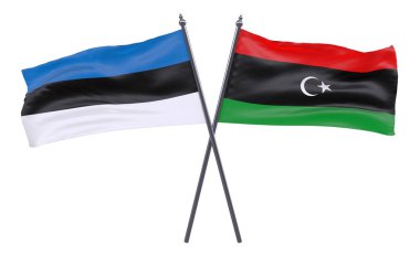 Estonya ve Libya, iki beyaz arka plan üzerinde izole bayrakları geçti. 3D görüntü