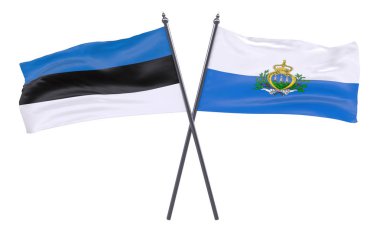 Estonya ve San Marino, iki beyaz arka plan üzerinde izole bayrakları geçti. 3D görüntü