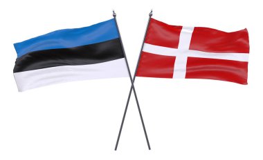 Estonya ve Danimarka, iki beyaz arka plan üzerinde izole bayrakları geçti. 3D görüntü