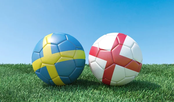 Two soccer balls in flags colours on green grass. Sweden and England. 3d image