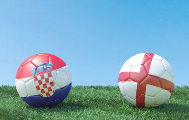Bayraklar renkler yeşil çimenlerin üzerinde iki futbol topları. Hırvatistan ve İngiltere'de. 3D görüntü