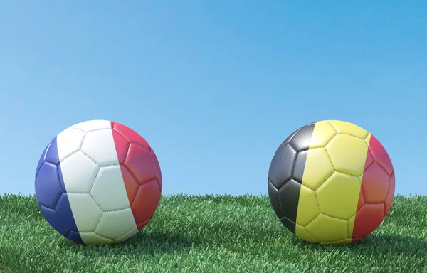 Два Футбольні Ячі Прапори Кольори Зеленій Траві Франції Бельгії Зображення — стокове фото