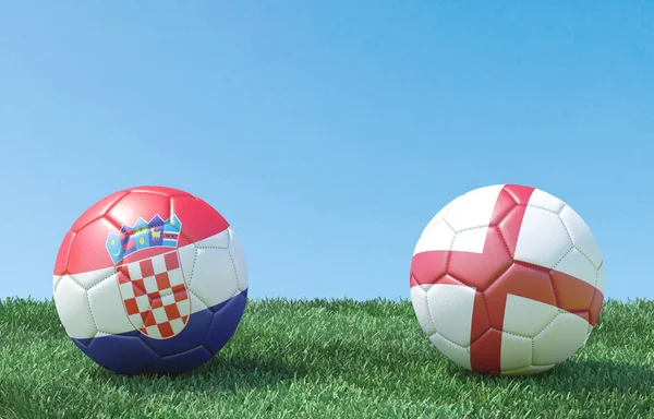 Bayraklar renkler yeşil çimenlerin üzerinde iki futbol topları. Hırvatistan ve İngiltere'de. 3D görüntü