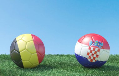 Bayraklar renkler yeşil çimenlerin üzerinde iki futbol topları. Belçika ve Hırvatistan. 3D görüntü