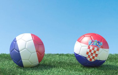 Bayraklar renkler yeşil çimenlerin üzerinde iki futbol topları. Fransa ve Hırvatistan. 3D görüntü
