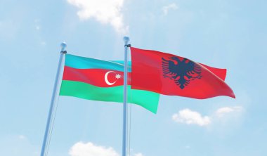 Arnavutluk ve Azerbaycan, iki bayrak sallayarak karşı mavi gökyüzü. 3D görüntü