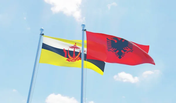 Albania Brunei Dos Banderas Ondeando Contra Cielo Azul Imagen —  Fotos de Stock