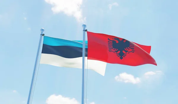 Albania Estonia Dos Banderas Ondeando Contra Cielo Azul Imagen —  Fotos de Stock