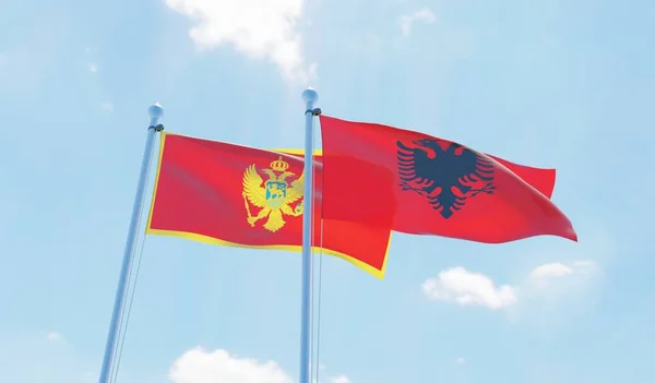 Arnavutluk ve Karadağ, iki bayrak sallayarak karşı mavi gökyüzü. 3D görüntü