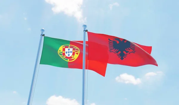 Albania Portugal Dos Banderas Ondeando Contra Cielo Azul Imagen —  Fotos de Stock