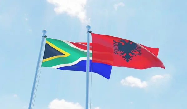 Albania Sudáfrica Dos Banderas Ondeando Contra Cielo Azul Imagen —  Fotos de Stock