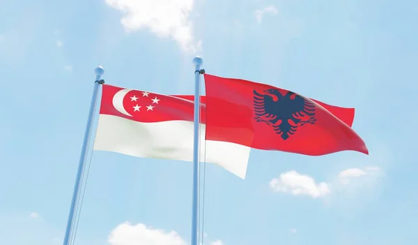 Albania Singapur Dos Banderas Ondeando Contra Cielo Azul Imagen —  Fotos de Stock
