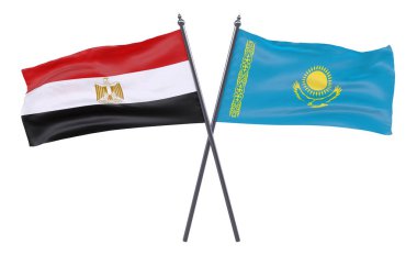 Mısır ve Kazakistan, iki beyaz arka plan üzerinde izole bayrakları geçti. 3D görüntü