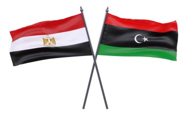 Mısır ve Libya, iki beyaz arka plan üzerinde izole bayrakları geçti. 3D görüntü