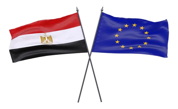 Egypte Europese Unie Twee Gekruiste Vlaggen Geïsoleerd Een Witte Achtergrond — Stockfoto